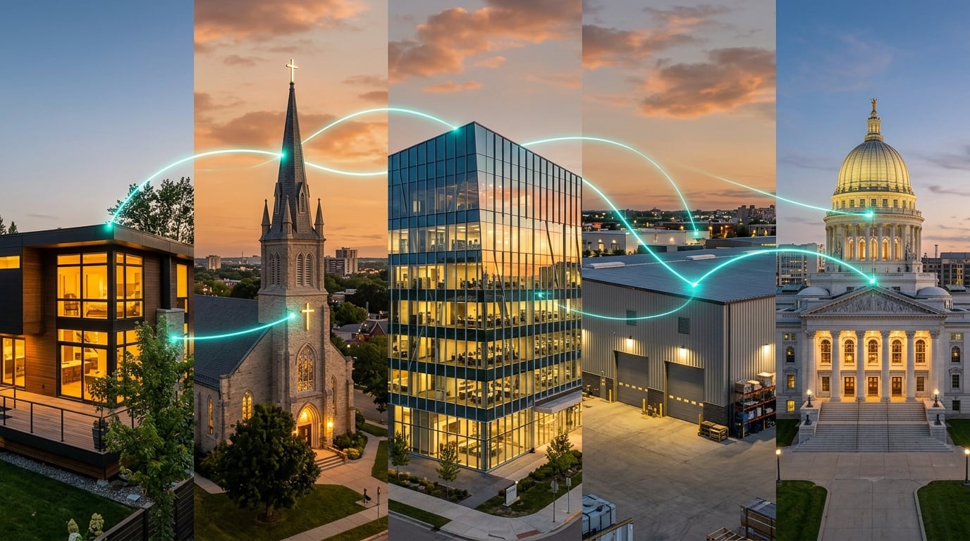 Five property types connected by Wise Home: homes, churches, offices, factories, government buildings